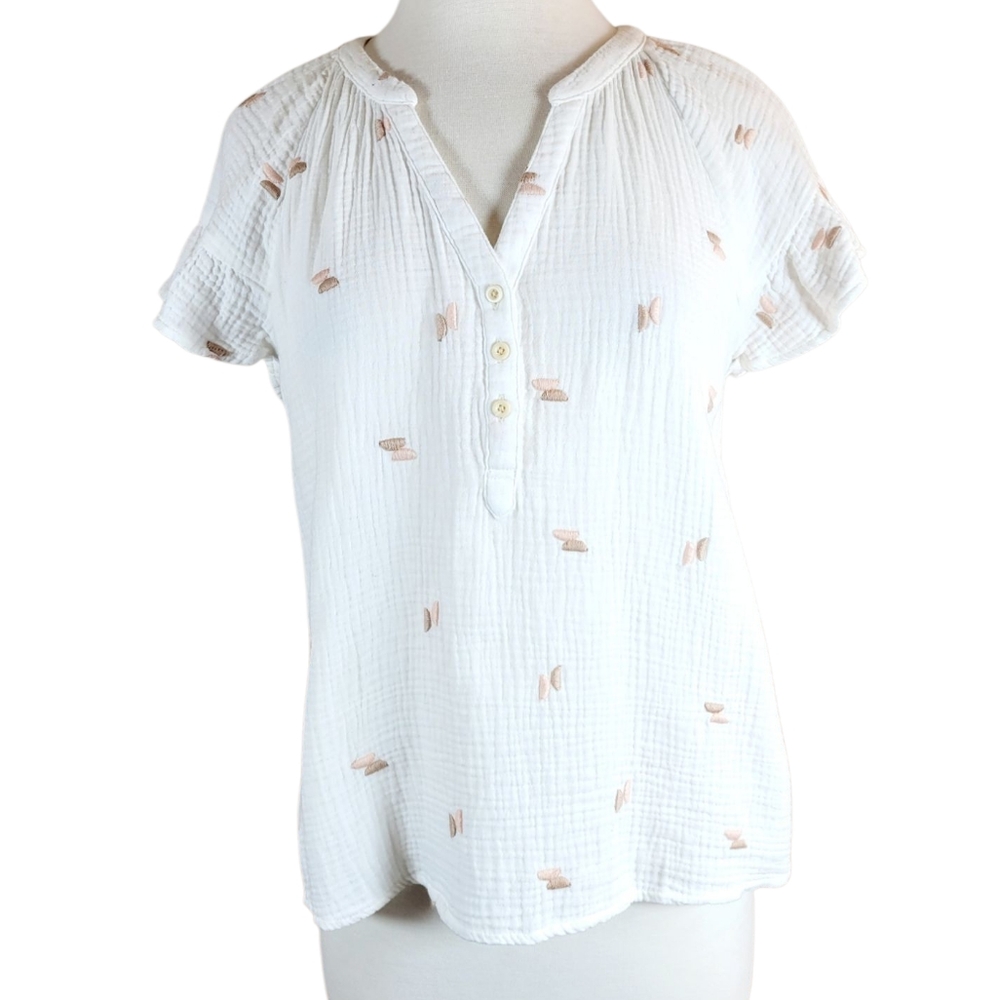 MADEWELL Embroidered Lightspun Ruffle Sleeve Henley Top White Neutral M - Picture 4 of 10